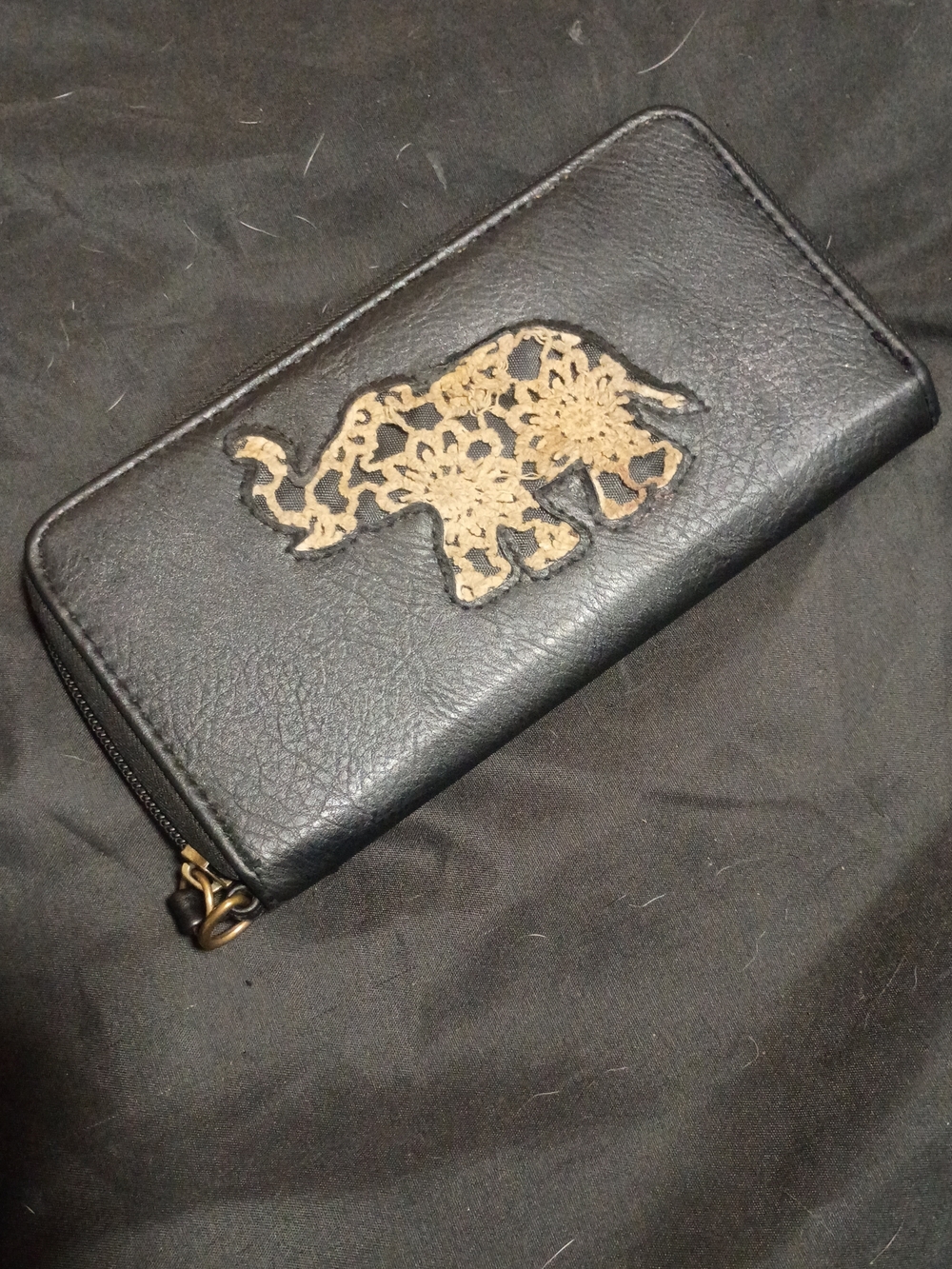 Black Zip-Around Wallet with Gold Lace Elephant Accent